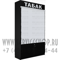 Шкаф с рулонной шторкой для электронных сигарет шесть уровней полок с тумбой накопителем в закрытом состоянии