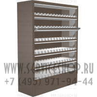 Витрина из металла для продажи сигарет с шестью уровнями полок с синхронными створками  в открытом состоянии