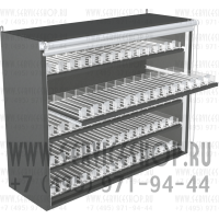 Настенная сигаретная витрина с пятью пушерными полками в открытом состоянии