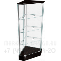 Прилавок из стекла внешний угол с тремя стеклянными полками с рабочей столешницей