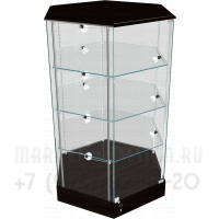 Витрина из стекла шестигранник с тремя стеклянными полками с рабочей столешницей