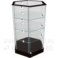 Витрина из стекла шестигранник с тремя стеклянными полками